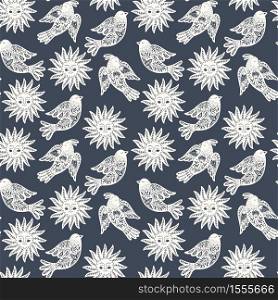 Scandinavian seamless folk art pattern with birds and sun in Nordic design. Retro floral background inspired by Swedish and Norwegian traditional folk embroidery