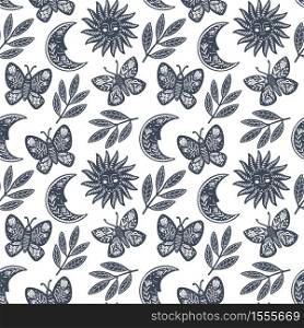 Scandinavian seamless folk art pattern with butterfly in Nordic design. Retro floral background inspired by Swedish and Norwegian traditional folk embroidery