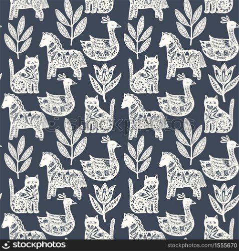 Scandinavian seamless folk art pattern with cute animals in Nordic design. Retro floral background inspired by Swedish and Norwegian traditional folk embroidery