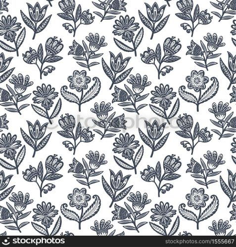 Scandinavian seamless folk art pattern with decorative flowers in Nordic design. Retro floral background inspired by Swedish and Norwegian traditional folk embroidery