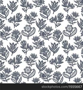 Scandinavian seamless folk art pattern with decorative flowers in Nordic design. Retro floral background inspired by Swedish and Norwegian traditional folk embroidery