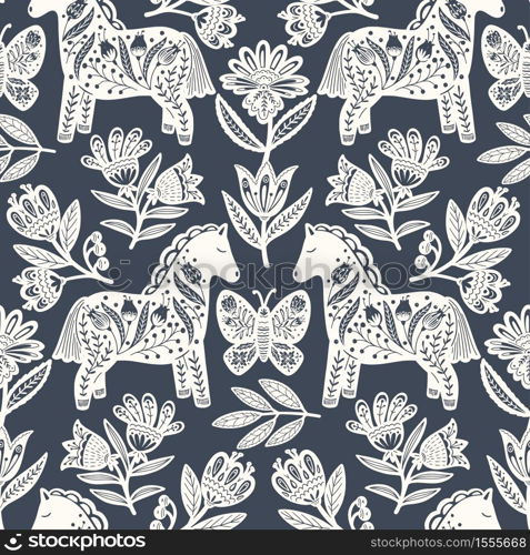 Scandinavian seamless folk art pattern with horse in Nordic design. Retro floral background inspired by Swedish and Norwegian traditional folk embroidery
