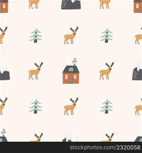 Scandinavian seamless pattern with house, tree, deer and the mountains. Can be used for textile, wallpaper, nursery. Vector illustration.
