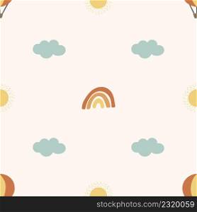 Scandinavian seamless pattern with rainbow, sun, balloon and clouds. Can be used for textile, wallpaper, nursery. Vector illustration.