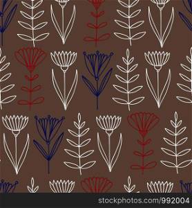 Scandinavian seamless pattern with simple flowers. Beige floral background. Wrapping paper, textile print, wallpaper design. Repeating floral pattern in red blue and white colors. Scandinavian seamless pattern with simple flowers. Beige floral background. Wrapping paper, textile print, wallpaper design. Repeating floral pattern in red blue and white colors.