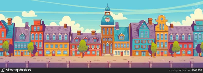 Scandinavian street with traditional architecture. Vector illustration of contemporary cartoon style houses with chimneys, town hall tower with old windows, doors, trees on embankment under blue sky. Scandinavian street with traditional architecture