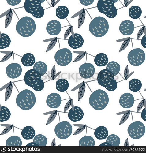 Scandinavian style cherry berries and leaves seamless pattern. Hand drawn cherries wallpaper. Design for fabric, textile print. Summer fruit berry wallpaper. Vector illustration.. Cherry berries and leaves seamless pattern illustration