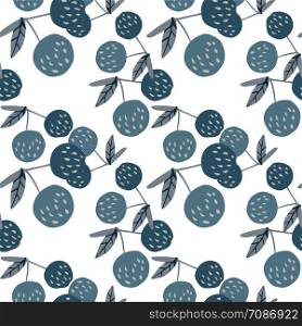 Scandinavian style cherry berries and leaves seamless pattern. Hand drawn cherries wallpaper. Design for fabric, textile print. Summer fruit berry wallpaper. Vector illustration.. Cherry berries and leaves seamless pattern illustration