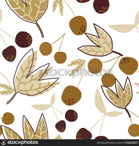 Scandinavian style cherry berries and leaves seamless pattern. Summer fruit berry wallpaper. Hand drawn cherries on white background. Design for fabric, textile print. Vector illustration.. Cherry berries and leaves seamless pattern illustration