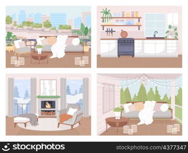 Scandinavian style home flat color vector illustration set. Sofa with blanket on rooftop for relaxation. Cozy kitchen. Nordic 2D cartoon interior with furniture on background collection. Scandinavian style home flat color vector illustration set
