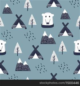 Scandinavian style kids, baby texture for fabric, textile, pyjamas, apparel. Hand drawing, white bears seamless pattern , happy, cute teddy in boho forest between mountains, trees, wigwams.. Scandinavian style kids, baby texture for fabric, textile, pyjamas, apparel. Hand drawing, white bears seamless