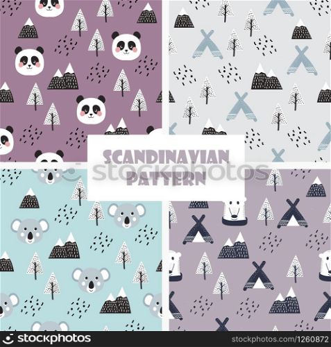Scandinavian style kids for fabric, textile, pyjamas, apparel. Hand drawing, white bears seamless pattern vector, happy koala and panda. Cute teddy in boho forest between mountains, trees, wigwams.