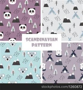 Scandinavian style kids for fabric, textile, pyjamas, apparel. Hand drawing, white bears seamless pattern vector, happy koala and panda. Cute teddy in boho forest between mountains, trees, wigwams.