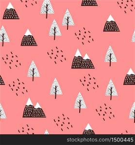 Scandinavian style kids texture for fabric, textile, pyjamas, apparel. Forest, mountains and white trees seamless pattern vector on pink background.. Scandinavian style kids texture for fabric, textile, pyjamas, apparel. Forest, mountains