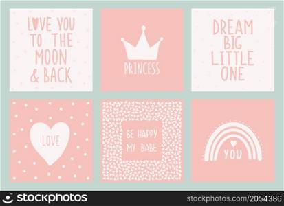 Scandinavian style nursery decoration. Cute hand drawn crown, rainbow , heart and lettering. Children&rsquo;s wall pictures for girls. A set of vector illustrations ideal for cards, invitations, posters.. Scandinavian style nursery decoration. Cute hand drawn crown, rainbow , heart and lettering.