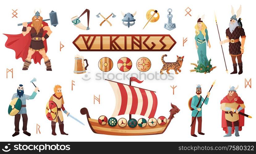 Scandinavian vikings culture weapon armor costume warship people utensils domesticated cat lettering flat icons set vector illustration