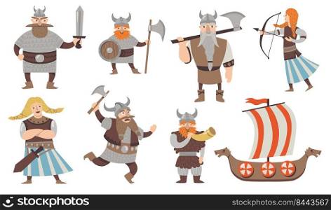 Scandinavian Vikings set. Medieval cartoon character, warriors and soldiers in armors with axes, traditional sailboat. Isolated vector illustration for Norway, culture, history, mythology concepts