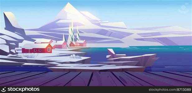 Scandinavian winter landscape view from wooden pier or dock platform. Nordic village with wood houses at sea shore and mountain. Wintertime resort settlement with hotels, Cartoon vector illustration. Scandinavian winter landscape view from wood pier