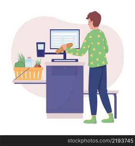 Scanner food in shop 2D vector isolated illustration. Man buying groceries at self checkout flat characters on cartoon background. Everyday situation and common tasks colourful scene. Scanner food in shop 2D vector isolated illustration