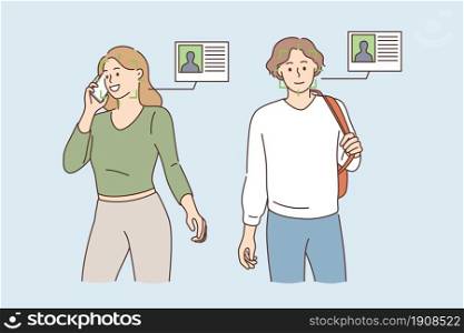 Scanning faces and identity concept. Young smiling man and woman cartoon characters standing with green scan on faces and identity cards nearby vector illustration . Scanning faces and identity concept.