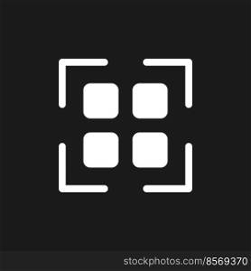 Scanning qr code dark mode glyph ui icon. Get info from e-store. User interface design. White silhouette symbol on black space. Solid pictogram for web, mobile. Vector isolated illustration. Scanning qr code dark mode glyph ui icon