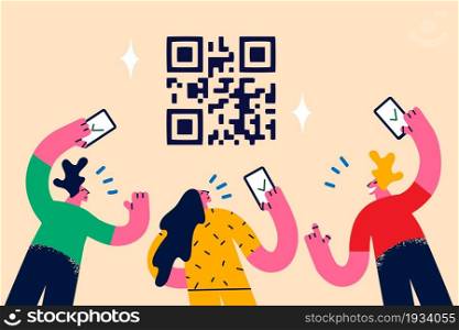 Scanning qr codes and technologies concept. Group of young people standing with smartphones and scanning qr code together vector illustration . Scanning qr codes and technologies concept