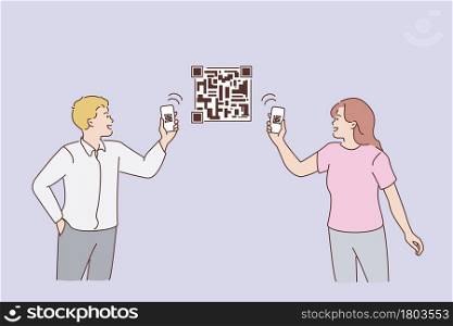 Scanning QR codes with phone concept. Young couple man and woman standing holding smartphones and scanning QR codes on picture together online vector illustration . Scanning QR codes with phone concept