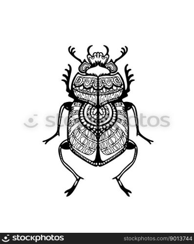 Scarab or scarabaeus beetle, decorative artistic sketch with tangle pattern. Black and white symbol from Egyptian mythology with geometric ornament. Beautiful mystic fantasy design element for prints. Scarab beetle sketch with ornate tangle pattern