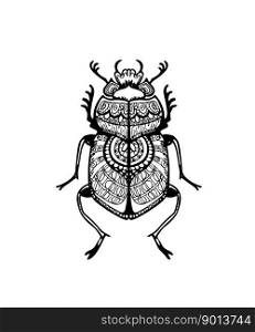 Scarab or scarabaeus beetle, decorative artistic sketch with tangle pattern. Black and white symbol from Egyptian mythology with geometric ornament. Beautiful mystic fantasy design element for prints. Scarab beetle sketch with ornate tangle pattern