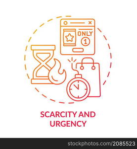 Scarcity and urgency red gradient concept icon. Hot time limited offer. Digital marketing abstract idea thin line illustration. Isolated outline drawing. Roboto-Medium, Myriad Pro-Bold fonts used. Scarcity and urgency red gradient concept icon