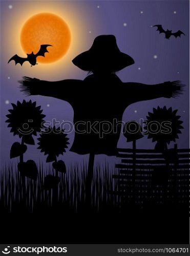 scarecrow black silhouette in the night sky and the moon vector illustration