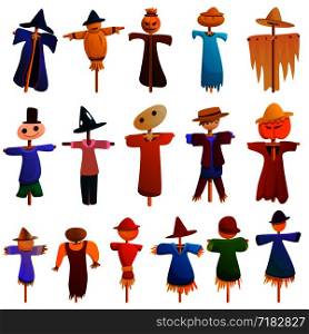 Scarecrow icons set. Cartoon set of scarecrow vector icons for web design. Scarecrow icons set, cartoon style