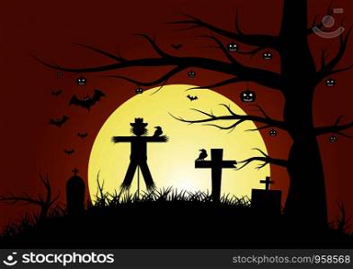 scarecrow with pumpkin ghost in woods, for Halloween theme