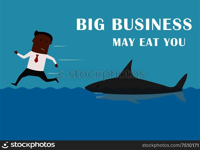 Scared african american businessman running away from dangerous competitor of big business angry shark. Big business may eat you, cartoon business concept . Manager running away from big business shark