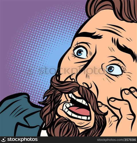 Scared bearded hipster man, fear and horror. face close-up. Comic cartoon pop art retro vector illustration hand drawing. Scared bearded hipster man, fear and horror. face close-up