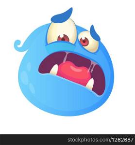 Scared blue monster cartoon face avatar. Vector illustration of blue ghost mascot. Halloween design