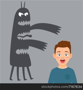 Scared boy and fear monster vector illustration. Man and monster shadow, boy scared. Scared boy and fear monster vector illustration