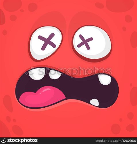 Scared cartoon monster face. Vector Halloween red monster with big mouth
