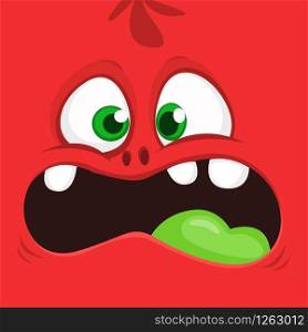 Scared cartoon monster face. Vector Halloween red monster with big mouth