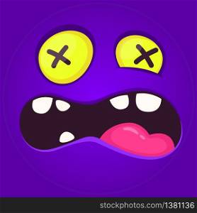 Scared cartoon monster face with mouth opened. Vector Halloween purple monster with big mouth