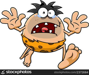 Scared Caveman Cartoon Character Running Front. Vector Hand Drawn Illustration Isolated On White Background