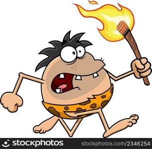 Scared Caveman Cartoon Character Running With A Torch. Vector Hand Drawn Illustration Isolated On White Background