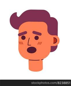 Scared curly haired man with open mouth semi flat vector character head. Colorful avatar icon. Editable cartoon user portrait. Simple colour spot illustration for web graphic design and animation. Scared curly haired man with open mouth semi flat vector character head