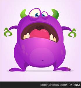 Scared funny cartoon monster. Halloween vector illustration of purple monster character. Design for print, sticker or party decoration