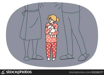 Scared girl child feel stressed with parents argue and fight at home. Unhappy distressed little kid afraid of mom and dad quarrel. Childcare stress, domestic violence effect on children. Vector.. Scared girl child afraid of parents arguing