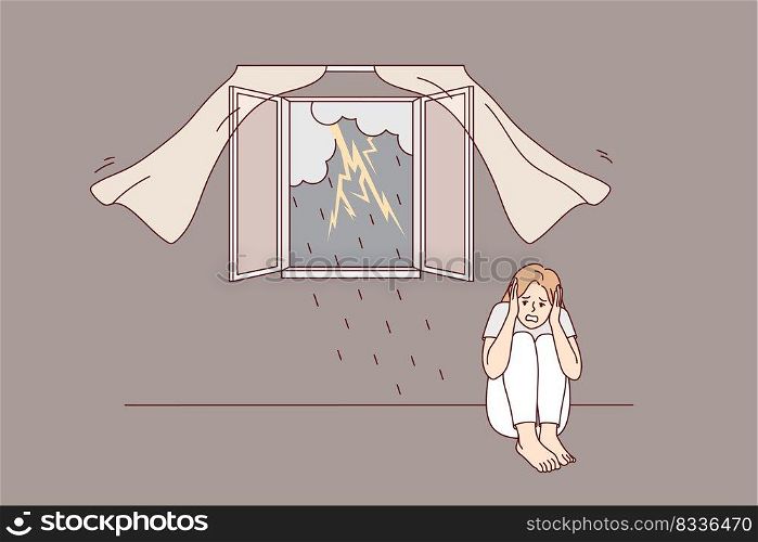 Scared girl sitting on floor afraid of storm outdoors. Terrified young woman feel stressed and frightened of lightning and thunderstorm. Vector illustration. . Scared girl afraid of storm outdoors