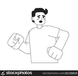 Scared guy running away monochromatic flat vector character. Linear hand drawn sketch. Editable half body person. Simple black and white spot illustration for web graphic design and animation. Scared guy running away monochromatic flat vector character
