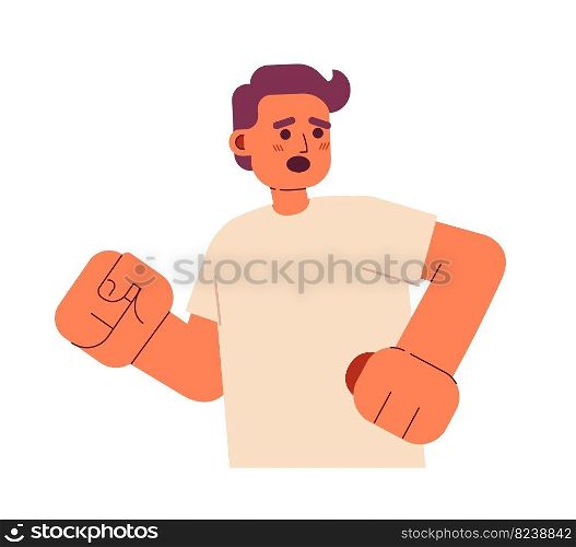 Scared guy running away semi flat color vector character. Escaping danger. Editable figure. Half body person on white. Simple cartoon style spot illustration for web graphic design and animation. Scared guy running away semi flat color vector character