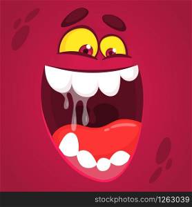 Scared happy cartoon monster face. Vector Halloween pink monster with wide mouth