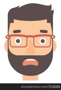 Scared hipster man with open mouth vector flat design illustration isolated on white background. Vertical layout.. Scared man with open mouth.